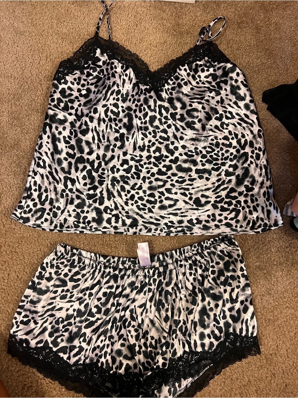 Victoria's Secret Black & White Leopard Satin Lace Cami & Shorts Set